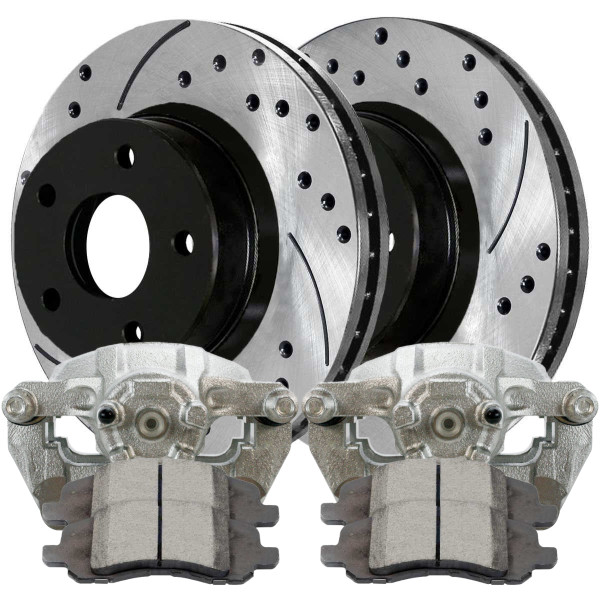 Front Brake Calipers Performance Ceramic Pads Drilled Slotted Rotors Black Kit Driver and Passenger Side - Part # BCPKG00169