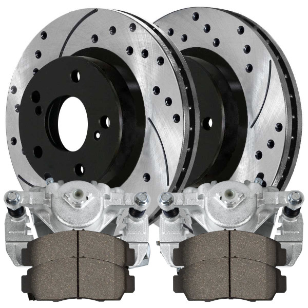 Front Brake Calipers Ceramic Pads Drilled Slotted Rotors Black Kit Driver and Passenger Side - Part # BCPKG00227