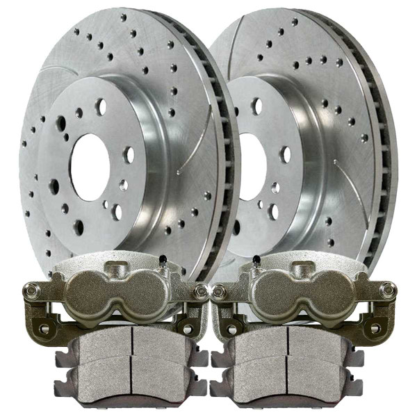 Front Disc Brake Caliper Performance Brake Pad and Performance Drilled and Slotted Rotor Bundle Silver 2 Piston Caliper - Part # BCPKG00305