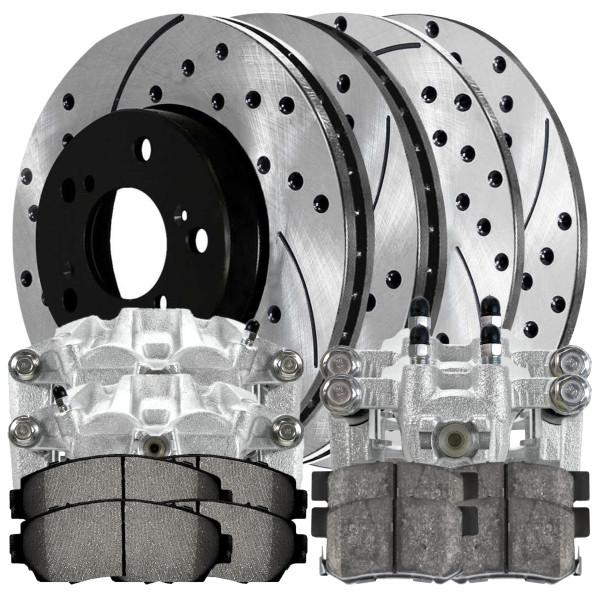 Front and Rear Brake Calipers Ceramic Pads Drilled Slotted Rotors Black Kit - Part # BCPKG00617
