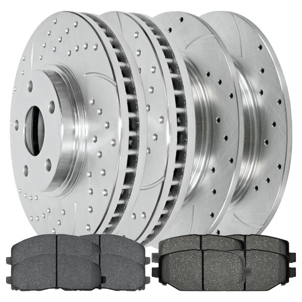 Front and Rear Drilled Slotted Brake Rotors Silver and Ceramic Pads Kit - Part # BRKPK472