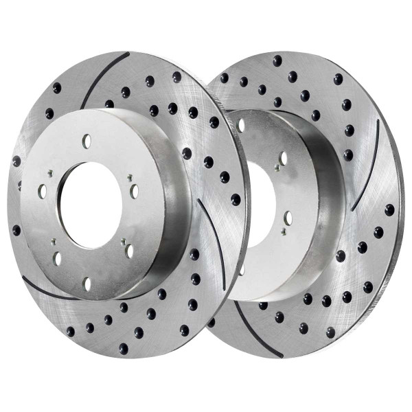 Rear Ceramic Brake Pad and Performance Drilled and Slotted Rotor Bundle - Part # BRKPKG003652