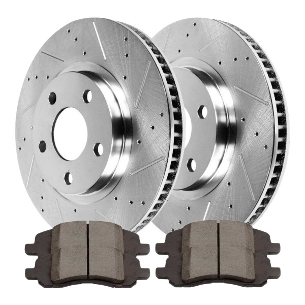 Front Performance Drilled Slotted Disc Brake Rotors Silver and Performance Ceramic Pads Kit - Part # BRKPKG004025