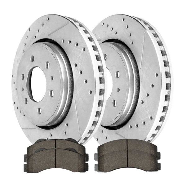 Front Performance Drilled Slotted Brake Rotors Silver and Ceramic Pads Kit, Driver and Passenger Side - Part # BRKPKG004188