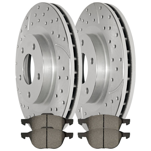 Front Drilled and Slotted Brake Rotors Silver and Performance Ceramic Pads Kit Driver and Passenger Side - Part # BRKPKG004300
