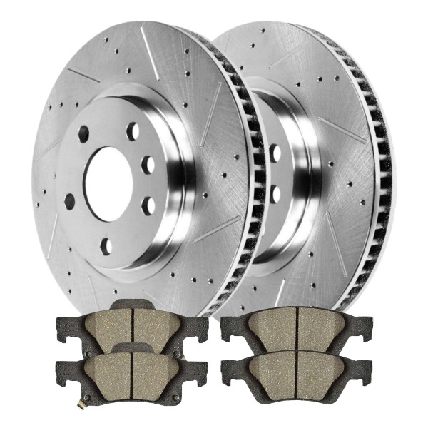 Rear Driver and Passenger Side Drilled Slotted Brake Rotors Silver and Performance Ceramic Pads Kit - Part # BRKPKG005349