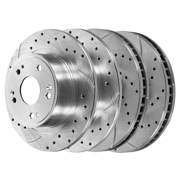 Front and Rear Performance Drilled and Slotted Brake Rotor Bundle Silver - Part # BRKPKG039009