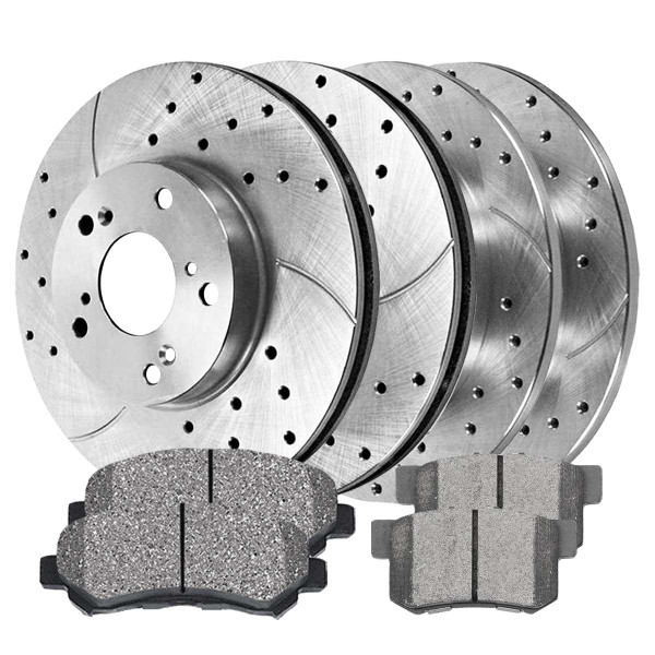 Front and Rear Ceramic Brake Pad and Performance Drilled and Slotted Rotor Bundle - Part # BRKPKG039491