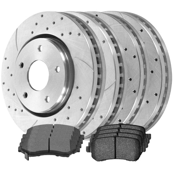 Front and Rear Ceramic Brake Pad and Performance Drilled and Slotted Rotor Bundle 11.89 Inch Front 12 Inch Rear Rotor Diameter - Part # BRKPKG039718