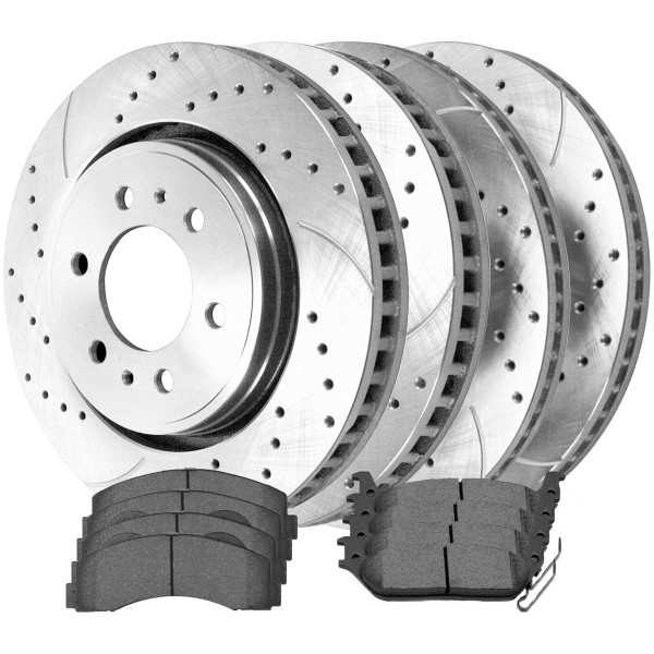 Front and Rear Ceramic Brake Pad and Performance Drilled and Slotted Rotor Bundle 6 Stud - Part # BRKPKG039993