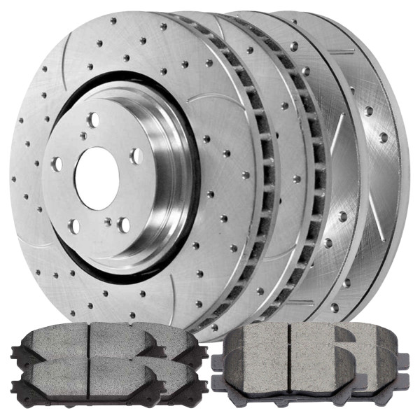 Front and Rear Performance Drilled Slotted Brake Rotors Silver and Ceramic Pads Kit - Part # BRKPKG526