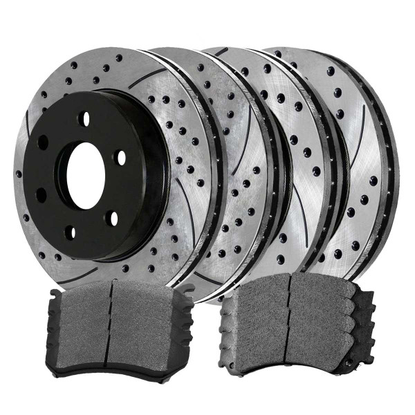Front and Rear Ceramic Brake Pad and Performance Drilled and Slotted Rotor Bundle 6 Stud 330mm Rotor Diameter By 96mm Height Rear Rotors - Part # BRKPKG770