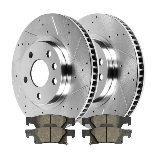 Rear Driver and Passenger Side Performance Drilled Slotted Brake Rotors Silver and Ceramic Pads Kit - Part # BRKPKG929