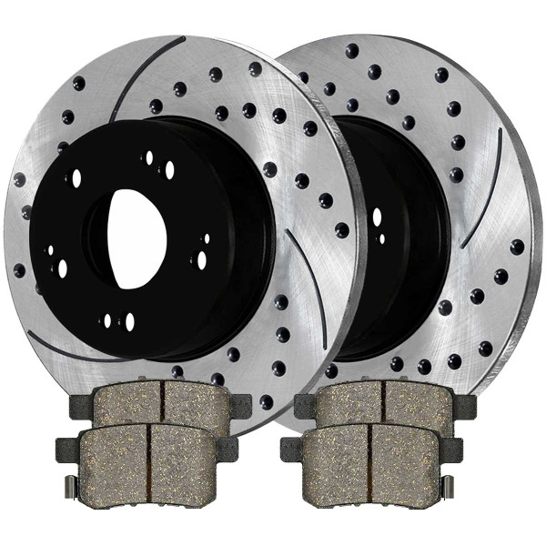 Rear Performance Ceramic Brake Pad and Performance Drilled and Slotted Rotor Bundle - Part # PERF414811336