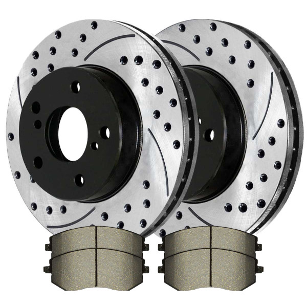 Front Drilled Slotted Brake Rotors Black and Performance Ceramic Pads Kit Driver and Passenger Side - Part # PERF44205929