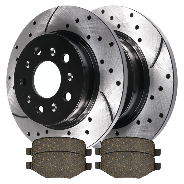 Rear Drilled Slotted Rotors Black and Performance Ceramic Pads Kit Driver and Passenger Side - Part # PERF641271377