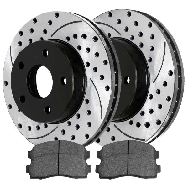 Front Drilled Slotted Brake Rotors Black and Performance Ceramic Pads Kit Driver and Passenger Side - Part # PERF65082913