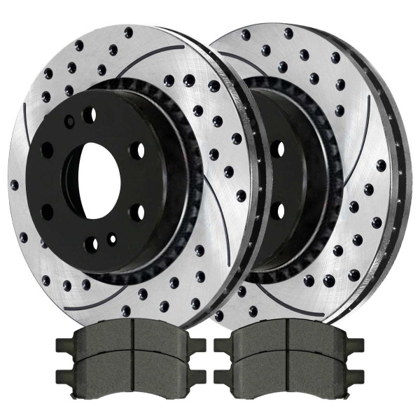 Front Drilled Slotted Brake Rotors Black and Performance Ceramic Pads Kit Driver and Passenger Side - Part # PERF651141169
