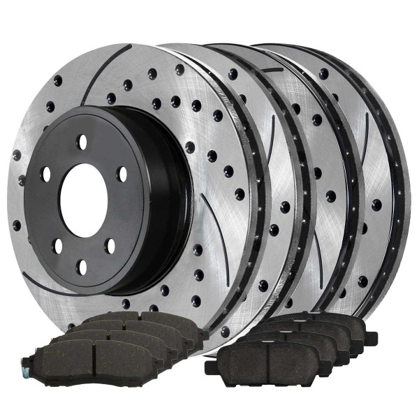 Front and Rear Performance Brake Pad and Performance Drilled and Slotted Rotor Bundle - Part # PERFQUAD0252