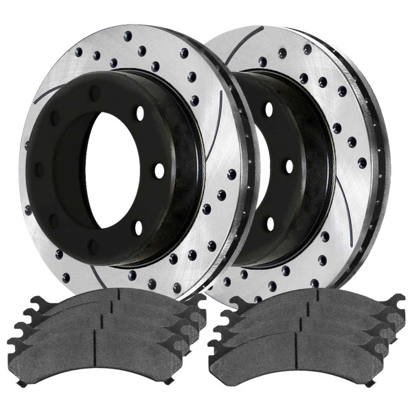 Front and Rear Performance Brake Pad and Performance Drilled and Slotted Rotor Bundle 330mm By 86.86mm Rear Rotors with 4.63 Inch Center Hole - Part # PERFQUAD765
