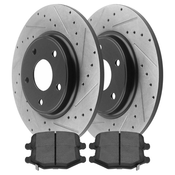 Rear Driver and Passenger Side Performance Drilled Slotted Brake Rotors Black and Ceramic Pads Kit - Part # PR63071PR-SCD1596