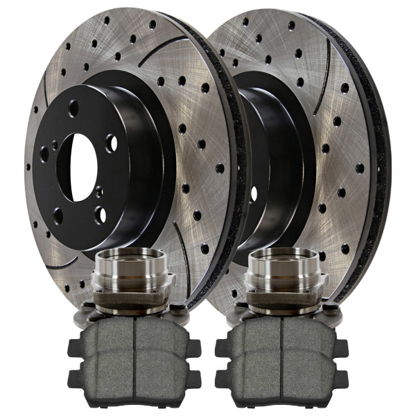 Front Wheel Bearing Hubs Drilled Slotted Rotors Black Ceramic Pads Kit Driver and Passenger Side - Part # RHBBK0320