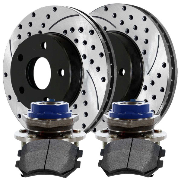 Front Wheel Bearing Hubs Drilled Slotted Rotors Black Ceramic Pads Kit Driver and Passenger Side - Part # RHBBK0378