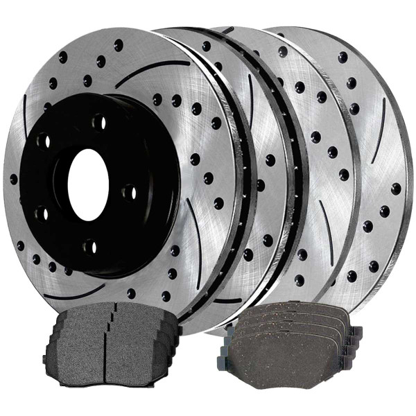 Front and Rear Ceramic Brake Pad and Performance Drilled and Slotted Rotor Bundle - Part # SCD1258PR64127