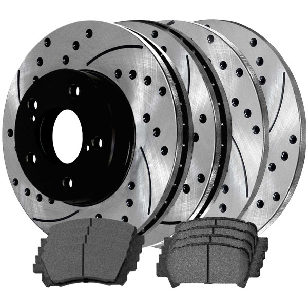 Front and Rear Ceramic Brake Pad and Performance Drilled and Slotted Rotor Bundle - Part # SCD721PR41045