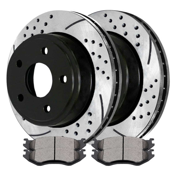 Rear Drilled Slotted Brake Rotors Black and Ceramic Pads Kit Driver and Passenger Side - Part # SCDPR6300863008967