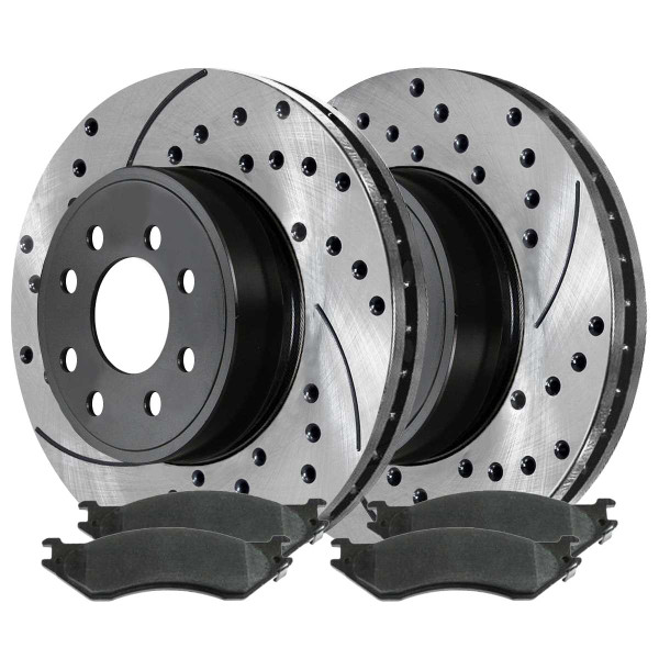 Rear Ceramic Brake Pad and Performance Drilled and Slotted Rotor Bundle 8 Stud - Part # SCDPR6301363013702A