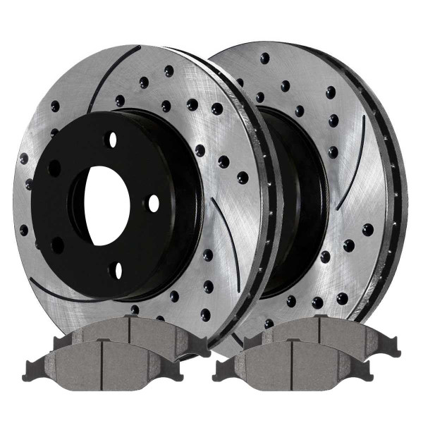 Front Ceramic Brake Pad and Performance Drilled and Slotted Rotor Bundle - Part # SCDPR6401364013804